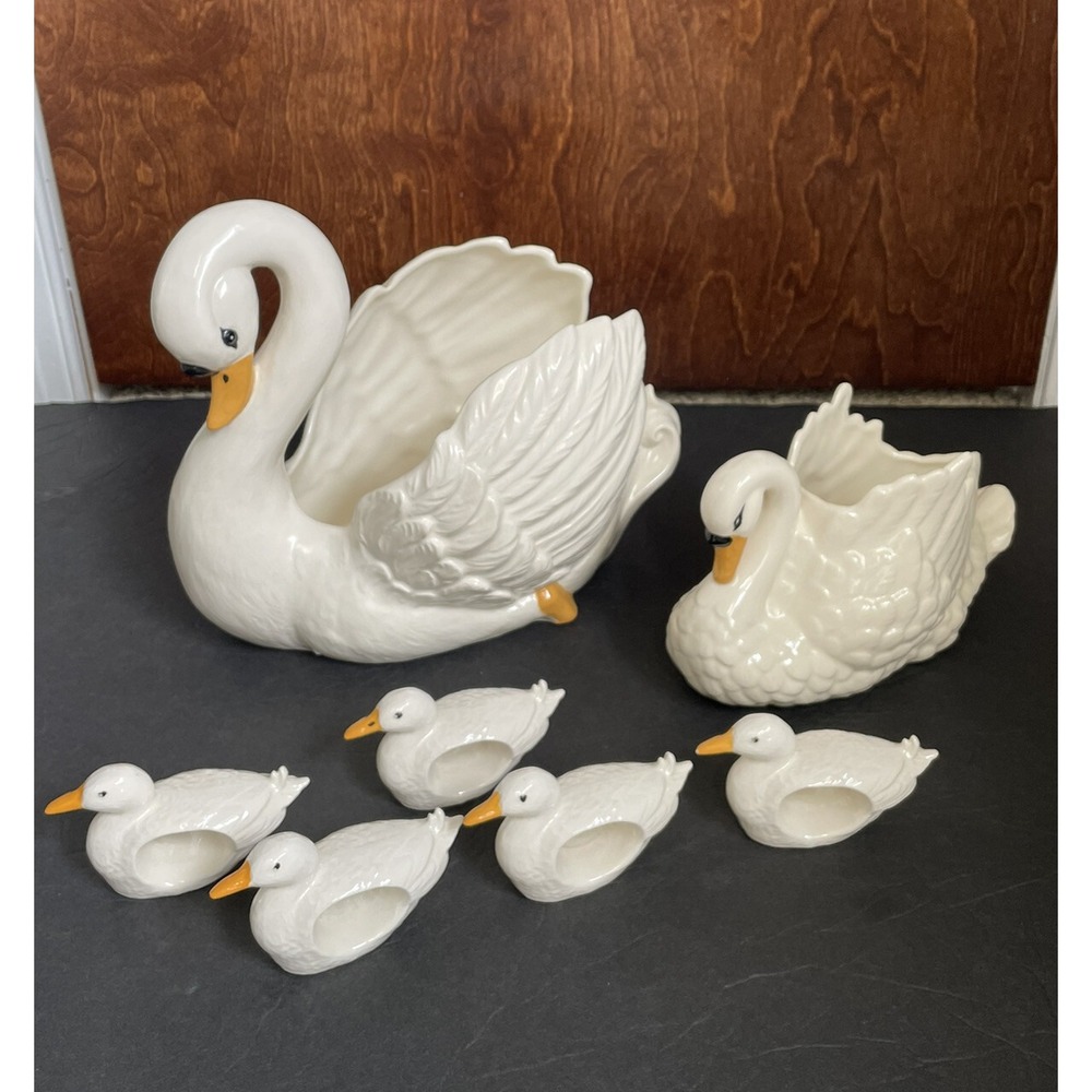 Vintage Encell lot Set 2 Serwing Dishes Open Wings Swangs & 5 Duck Napkin Rings